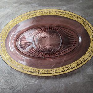 Antique 24K Gold Lace Embossed Pink Glass Platter
